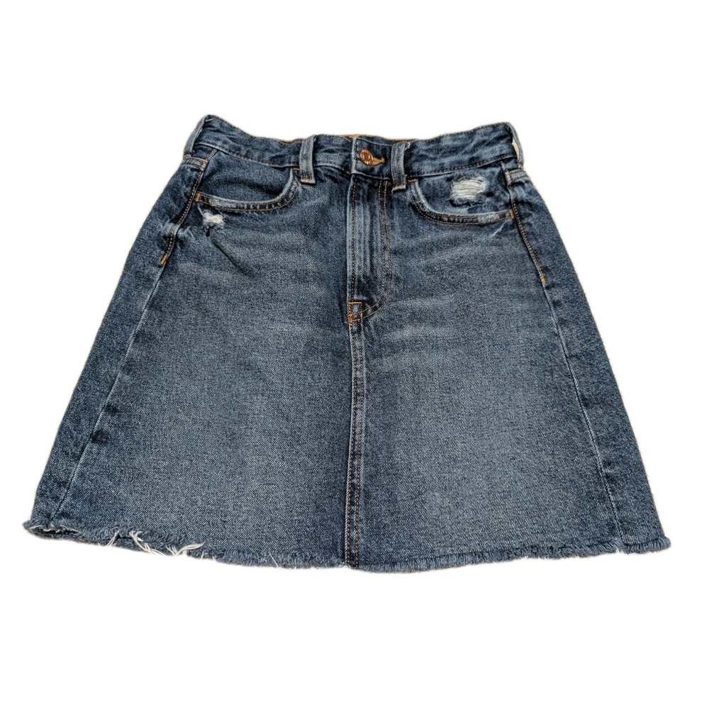 &Denim Distressed Cutoff Raw Hem Medium Wash Blue Jean Skirt Size 2 - Picture 1 of 5